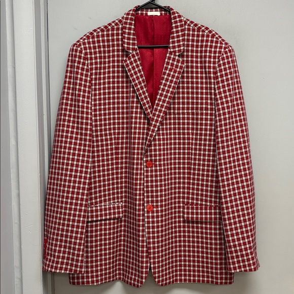 Stacy Adams Red Plaid Sport Coat Blazer Size 46LRed Lined Statement Jacket